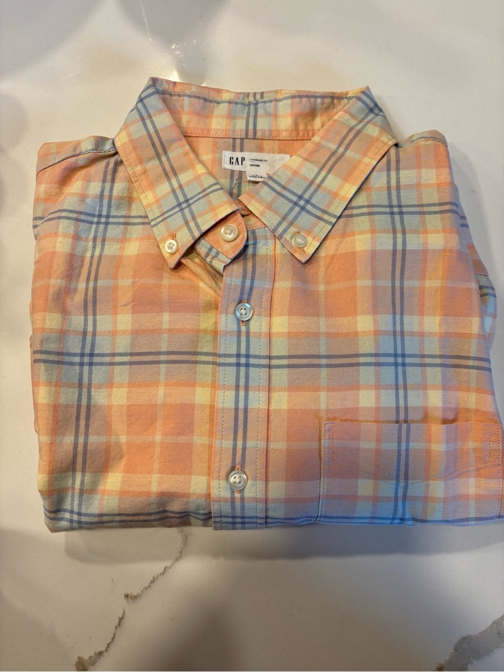 GAP Men's Peach and Light Blue Plaid Button-Down Shirt new size large L